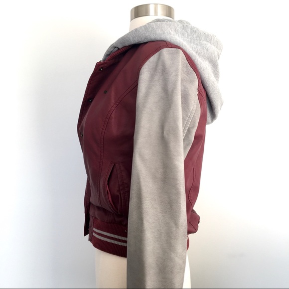 Faux Leather Moto Bomber Jacket Hoodie Red Grey - Picture 7 of 10